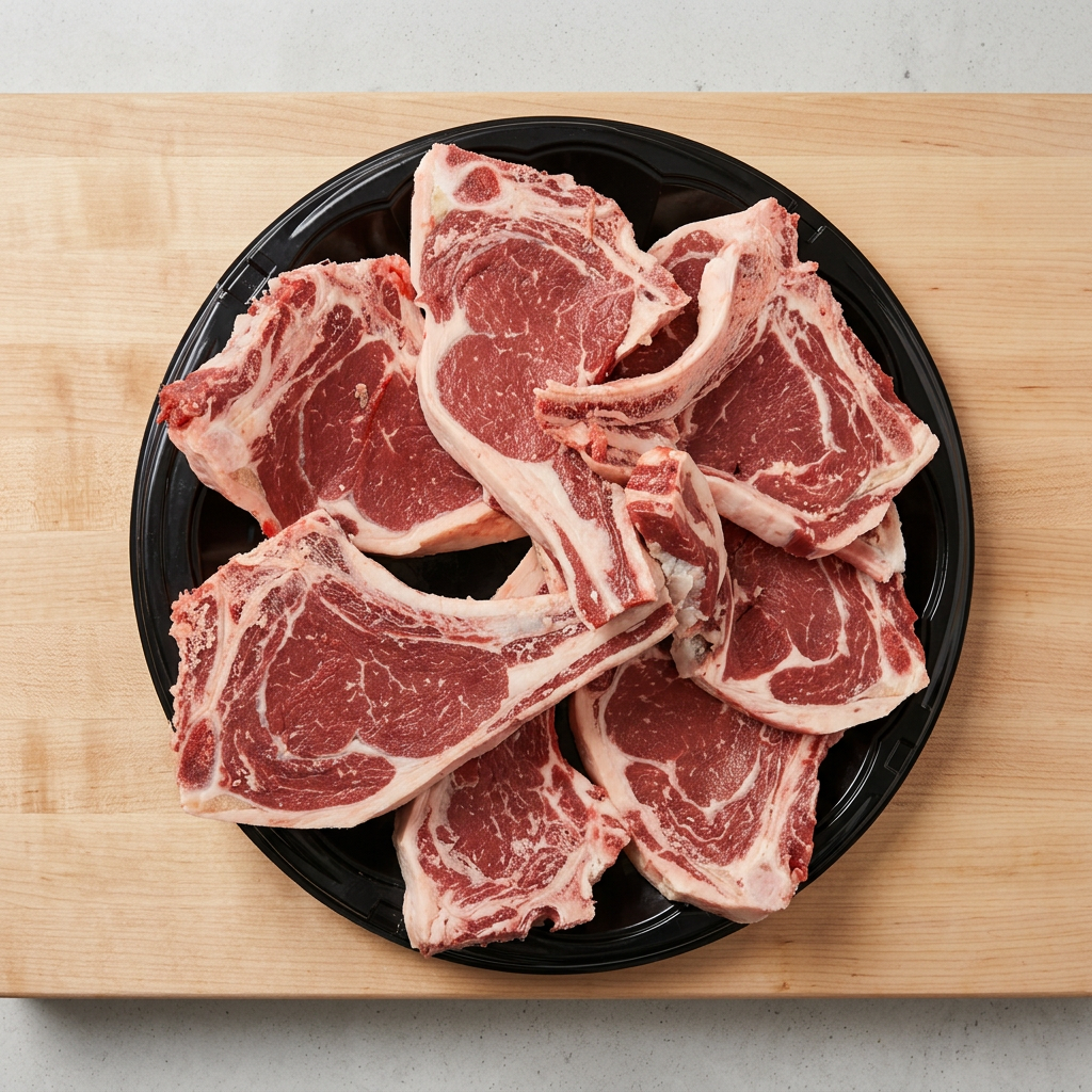 Platter of fresh bone-in lamb chops arranged on a black tray at the butcher counter